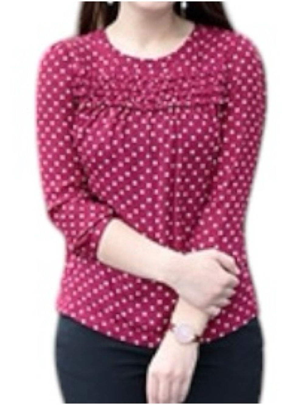 Elle Blouse Burgundy Light Pink Polka Dots Scalloped M